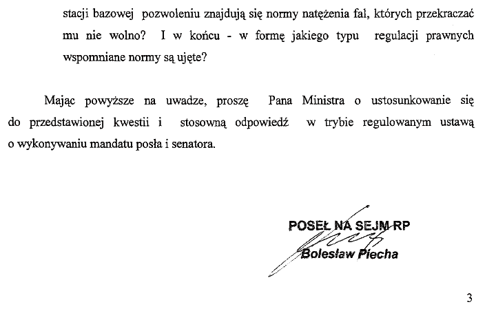 Interpelacja poselska pos�a Boles�awa Piecha zagro�enie polami elektromagnetycznymi 3