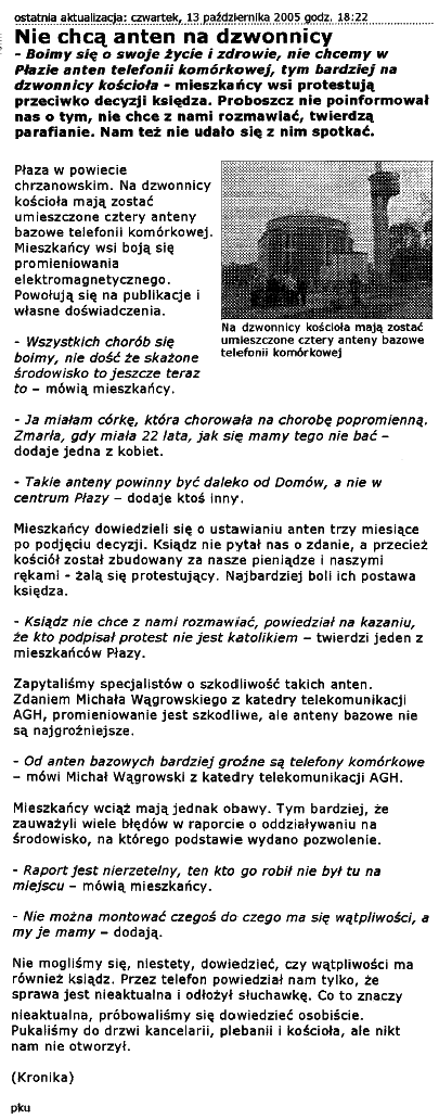 Nie chc� anteny na dzwonnicy