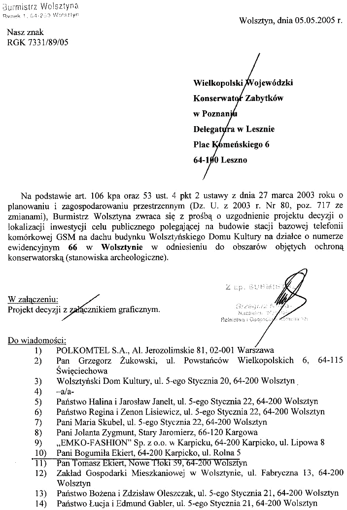 Wolsztyn budowa stacji bazowej Zawiadomienie