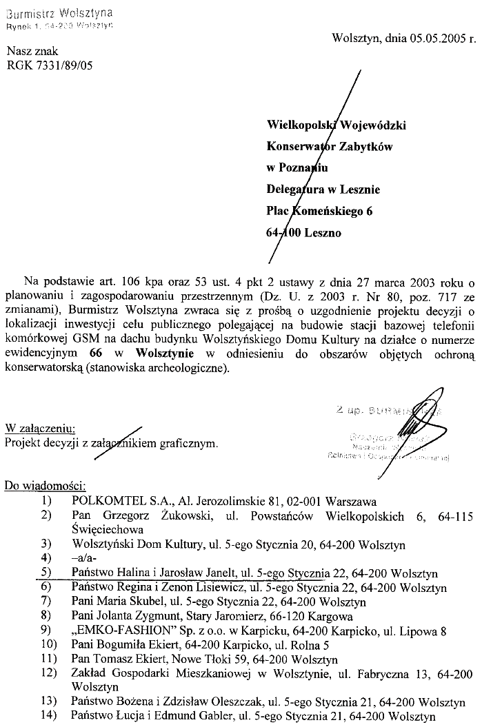 Wolsztyn budowa stacji bazowej Zawiadomienie